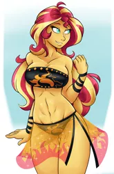 Size: 1996x3020 | Tagged: safe, artist:ambris, derpibooru import, sunset shimmer, equestria girls, abs, bandeau, belly button, bicolor swimsuit, big breasts, bikini, black swimsuit, breasts, busty sunset shimmer, cleavage, clothes, cutie mark swimsuit, female, jeweled swimsuit, long hair, sarong, sexy, smiling, solo, summer sunset, swimsuit, thigh gap, underass