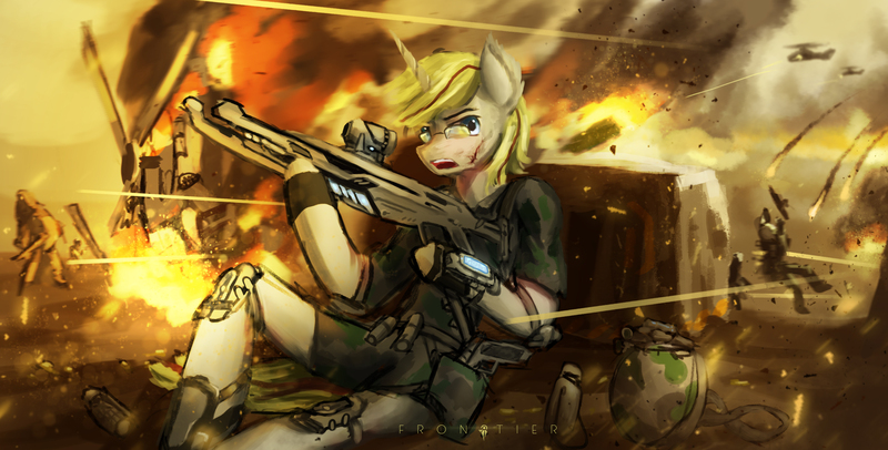 Size: 4123x2092 | Tagged: grimdark, artist:aidelank, derpibooru import, oc, unofficial characters only, anthro, unicorn, blood, destruction, explosion, fire, glasses, grenade, gun, helicopter, helmet, male, science fiction, stallion, war, weapon