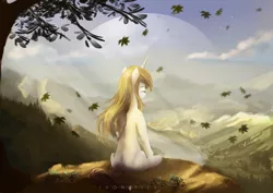 Size: 3508x2480 | Tagged: safe, artist:aidelank, derpibooru import, oc, unofficial characters only, unicorn, cloud, eyes closed, female, leaves, mare, meditating, mountain, mountain range, planet, rear view, river, solo, tree