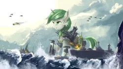 Size: 3780x2126 | Tagged: safe, artist:aidelank, derpibooru import, oc, unofficial characters only, unicorn, armor, battleship, clothes, cloud, female, fire, macro, mare, military uniform, naval battle, ocean, plane, ship, ship ponies, uniform, warship