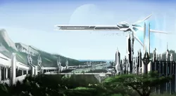 Size: 1024x562 | Tagged: artist:aidelank, barely pony related, city, derpibooru import, empire of feng, forest, leaves, mountain, mountain range, oc, safe, science fiction, spaceship, structure, tower, tree, unofficial characters only