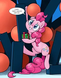 Size: 1353x1725 | Tagged: safe, alternate version, artist:pencils, derpibooru import, pinkie pie, earth pony, pony, dialogue, female, grin, looking at you, mare, patreon, present, smiling, solo, speech bubble, subliminal message