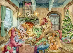Size: 1024x747 | Tagged: safe, artist:the-wizard-of-art, derpibooru import, apple bloom, applejack, big macintosh, bright mac, granny smith, pear butter, earth pony, pony, apple family, apple siblings, apple sisters, applejack's hat, baby, baby apple bloom, baby pony, bipedal, bipedal leaning, brother and sister, cheek fluff, chest fluff, christmas, christmas tree, colt, colt big macintosh, cookie, cowboy hat, days gone by, ear fluff, family, father and daughter, father and son, female, filly, filly applejack, fireplace, fluffy, foal, food, freckles, grandmother and grandchild, grandmother and granddaughter, grandmother and grandson, grin, hat, holiday, hoof hold, hug, leaning, leg fluff, lidded eyes, male, mare, mother and child, mother and daughter, mother and daughter-in-law, mother and son, mug, neck fluff, one eye closed, open mouth, pigtails, pointing, present, reaching, siblings, sisters, smiling, stallion, traditional art, tree, twintails, underhoof, unshorn fetlocks, window, wink, younger