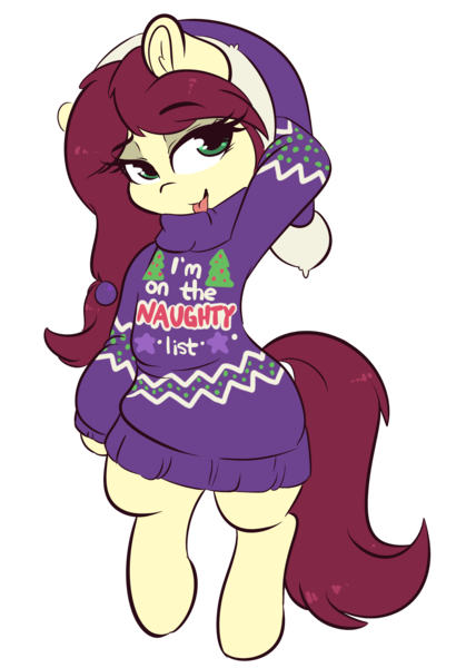Size: 3037x4349 | Tagged: safe, artist:wickedsilly, derpibooru import, oc, oc:short shift, unofficial characters only, pony, christmas, clothes, commission, female, hat, holiday, looking at you, mare, santa hat, simple background, smiling, solo, sweater, transparent background, ugly christmas sweater