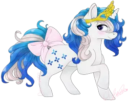 Size: 1024x808 | Tagged: safe, artist:dreamcreationsink, derpibooru import, majesty, pony, unicorn, blushing, bow, crown, female, g1, jewelry, mare, regalia, simple background, smiling, solo, tail bow, transparent background