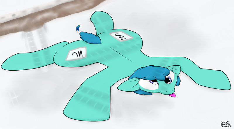 Size: 3600x1989 | Tagged: safe, artist:the-furry-railfan, derpibooru import, oc, oc:interrobang, oc:linework, unofficial characters only, earth pony, pony, both cutie marks, derp, dirt road, female, flattened, snow, squished, surprised, tongue out, tracks