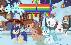 Size: 2352x1480 | Tagged: safe, artist:velveagicsentryyt, derpibooru import, oc, oc:blue stone, oc:cold cloud, oc:silly chocolate, oc:soft skills, oc:velvet sentry, unofficial characters only, earth pony, hybrid, pegasus, pony, unicorn, female, interspecies offspring, mare, offspring, parent:cheese sandwich, parent:discord, parent:fancypants, parent:flash sentry, parent:pinkie pie, parent:princess celestia, parent:rainbow dash, parent:rarity, parent:soarin', parent:twilight sparkle, parents:cheesepie, parents:dislestia, parents:flashlight, parents:raripants, parents:soarindash, sonic rainboom