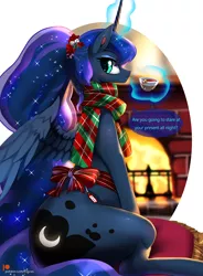 Size: 1284x1742 | Tagged: suggestive, artist:chigusa, derpibooru import, princess luna, alicorn, pony, alternate hairstyle, blushing, chimney, christmas, clothes, cup, dialogue, ethereal mane, female, fireplace, food, gift wrapped, glowing horn, holiday, levitation, looking at you, looking back, looking back at you, magic, mare, patreon, patreon logo, scarf, solo, starry mane, tea, teacup, telekinesis