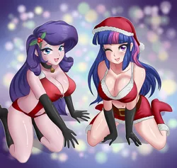 Size: 738x700 | Tagged: adorasexy, artist:thebrokencog, bell, bell collar, blue hair, blushing, bra, breasts, busty rarity, busty twilight sparkle, choker, christmas, cleavage, clothes, collar, costume, cute, derpibooru import, duo, duo female, evening gloves, eyelashes, eyeshadow, female, gloves, hat, holiday, holly, human, humanized, kneeling, leotard, long gloves, long hair, looking at you, makeup, mistletoe, multicolored hair, one eye closed, open mouth, pink hair, purple hair, rarity, santa costume, santa hat, sexy, sexy santa costume, suggestive, twilight sparkle, underwear, wink