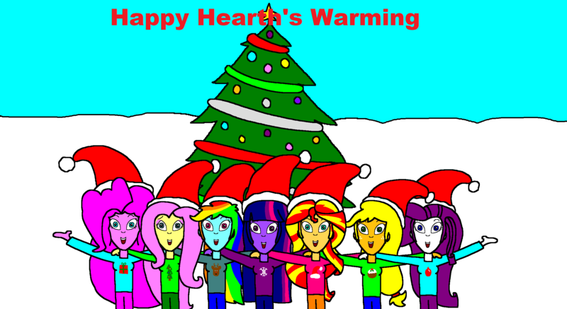 Size: 2374x1298 | Tagged: safe, artist:samueljcollins1990, derpibooru import, applejack, fluttershy, pinkie pie, rainbow dash, rarity, sunset shimmer, twilight sparkle, equestria girls, christmas, christmas tree, happy hearth's warming, hat, hearth's warming, holiday, merry christmas, santa hat, tree