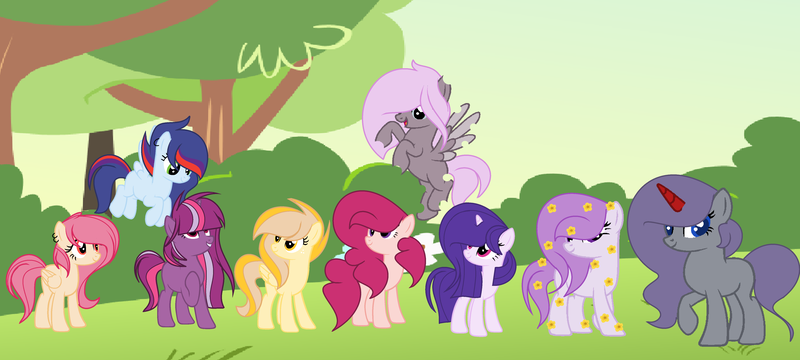 Size: 5136x2312 | Tagged: safe, artist:rose-moonlightowo, derpibooru import, oc, unofficial characters only, changepony, earth pony, pegasus, pony, unicorn, female, gift art, group, high res, mare, present