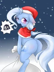 Size: 900x1200 | Tagged: suggestive, artist:azurepicker, derpibooru import, trixie, unicorn, christmas, dock, female, floppy ears, hat, holiday, looking at you, looking back, looking back at you, one eye closed, pictogram, plot, santa hat, santa sack, solo, solo female