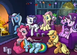 Size: 1890x1362 | Tagged: alicorn, applejack, artist:yewdee, book, bookshelf, couch, derpibooru import, dragon, fireplace, fluttershy, hearth's warming, levitation, library, magic, mane seven, mane six, pinkie pie, rainbow dash, rarity, reading, safe, sleeping, spike, starlight glimmer, telekinesis, trixie, twilight sparkle, twilight sparkle (alicorn)