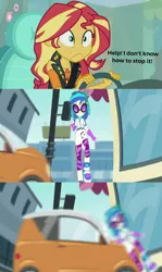 Size: 798x1340 | Tagged: semi-grimdark, derpibooru import, edit, edited screencap, screencap, sunset shimmer, vinyl scratch, driving miss shimmer, equestria girls, equestria girls series, music to my ears, abuse, car accident, driving miss shimmer: fluttershy, meme, vinylbuse