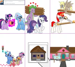 Size: 1808x1604 | Tagged: safe, artist:dekomaru, derpibooru import, rarity, spike, trixie, twilight sparkle, oc, oc:apple blossom, oc:aurora, oc:mars, oc:nebula, oc:nimbus, oc:nova, dragon, tumblr:ask twixie, ask, comic, female, heart, lesbian, magical lesbian spawn, male, offspring, parent:applejack, parent:big macintosh, parent:fluttershy, parent:rainbow dash, parent:trixie, parent:twilight sparkle, parents:appledash, parents:fluttermac, parents:twixie, shipping, sparity, straight, tumblr, twixie