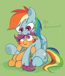 Size: 2005x2305 | Tagged: safe, artist:noupu, derpibooru import, rainbow dash, scootaloo, pegasus, pony, awesome, blush sticker, blushing, colored pupils, cute, female, filly, floppy ears, mare, positive ponies, scootalove, simple background, sisterly love, sitting, underhoof