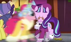 Size: 1105x647 | Tagged: a hearth's warming tail, bonnie rose, comet tail, derpibooru import, evening stroll, motion blur, paraviolet, pinkie pie, pinkie's present, safe, screencap, snowfall frost, spirit of hearth's warming presents, starlight glimmer, *teleports behind you*