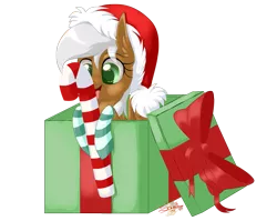 Size: 1003x800 | Tagged: safe, artist:unisoleil, derpibooru import, oc, oc:cassiopeia, unofficial characters only, pegasus, pony, box, candy, candy cane, chibi, christmas, clothes, female, food, hat, holiday, mare, pony in a box, present, santa hat, simple background, socks, solo, striped socks, transparent background