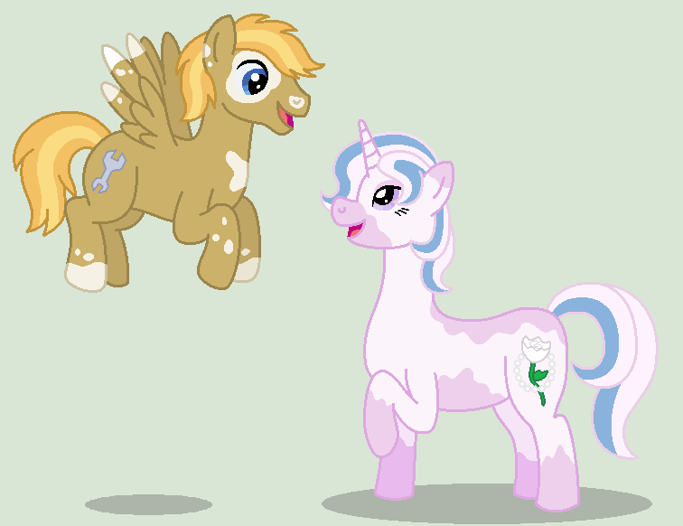 Size: 756x582 | Tagged: safe, artist:srbarker, derpibooru import, oc, oc:primrose, oc:sprightly gear, unofficial characters only, pegasus, pony, unicorn, offspring, parent:derpy hooves, parent:doctor whooves, parent:fancypants, parent:fleur-de-lis, parents:doctorderpy, parents:fancyfleur, vitiligo