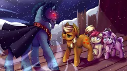 Size: 4000x2250 | Tagged: safe, artist:draltruist, derpibooru import, apple bloom, applejack, diamond tiara, grogar, earth pony, pony, clothes, cloven hooves, cowboy hat, female, filly, glowing eyes, hat, implied silver spoon, male, mare, ram, red eyes, scarf, smiling, snow, snowfall, stetson