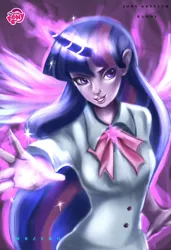 Size: 2584x3776 | Tagged: safe, artist:bunsogen, derpibooru import, twilight sparkle, human, equestria girls, clothes, horned humanization, humanized, magic, smiling, solo, winged humanization, wings