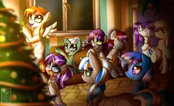 Size: 2800x1700 | Tagged: safe, artist:elmutanto, derpibooru import, lyra heartstrings, sweetie belle, oc, oc:dazzling gem, oc:emerald symphony, oc:raribot, oc:raribot jr, oc:robobloom, oc:sapphire sky, oc:twibot, alicorn, earth pony, pegasus, pony, robot, robot pony, unicorn, christmas, christmas lights, christmas tree, colt, family, female, filly, holiday, kissing, lesbian, male, mistletoe, raribot family, shipping, sweetie bot, teenager, tree