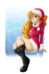 Size: 800x1200 | Tagged: safe, artist:artbenbeau, artist:benbeau, derpibooru import, adagio dazzle, equestria girls, boots, breasts, busty adagio dazzle, christmas, clothes, costume, female, happy holidays, hat, holiday, looking at you, pinup, santa costume, santa hat, shoes, signature, solo