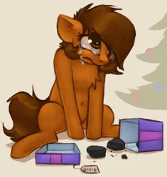 Size: 830x884 | Tagged: safe, artist:marsminer, derpibooru import, oc, oc:venus spring, unofficial characters only, pony, unicorn, chest fluff, christmas, christmas tree, coal, crossing the line twice, crying, female, heartbreak, holiday, mare, moral event horizon, present, pure unfiltered evil, sad, sitting, tearjerker, tree, we are going to hell