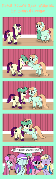 Size: 2112x6736 | Tagged: safe, artist:dinkyuniverse, derpibooru import, boysenberry, bubblegum brush, dinky hooves, lily longsocks, liza doolots, peach fuzz, petunia, tootsie flute, earth pony, pony, unicorn, blushing, braid, braided tail, chest fluff, christmas wreath, clothes, comic, cute, dinkily, earmuffs, female, filly, foal, grin, hat, hearth's warming, hearth's warming eve, hnnng, holiday, house, hug, lesbian, looking at you, mouth hold, pigtails, raised hoof, scarf, shipping, smiling, talking to viewer, unshorn fetlocks, winter, winter outfit, wreath