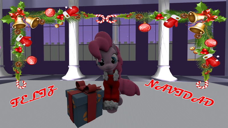 Size: 1920x1080 | Tagged: safe, artist:juanjo_belic, derpibooru import, pinkie pie, 3d, bauble, candy, candy cane, food, holly, merry christmas, present, source filmmaker