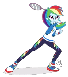 Size: 1819x2048 | Tagged: safe, artist:ilaria122, derpibooru import, rainbow dash, equestria girls, equestria girls series, stressed in show, stressed in show: rainbow dash, clothes, converse, female, not a vector, pants, shoes, simple background, sneakers, solo, sports, tennis, tennis racket, transparent background