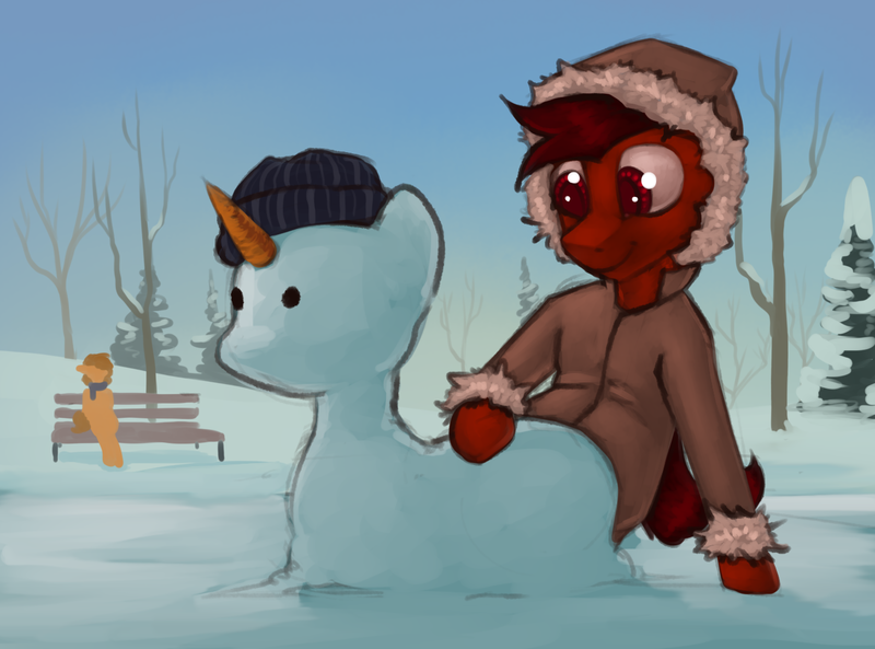 Size: 1352x1002 | Tagged: safe, artist:marsminer, derpibooru import, oc, oc:mars miner, oc:venus spring, unofficial characters only, earth pony, pony, unicorn, carrot, christmas, female, food, holiday, male, mare, snow, snowman, solo focus, stallion