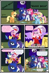 Size: 3254x4837 | Tagged: safe, artist:gutovi, derpibooru import, applejack, fluttershy, pinkie pie, princess cadance, princess luna, rainbow dash, rarity, twilight sparkle, pony, comic:why me!?, bed, broken window, christmas, comic, drunk, drunk cadance, forbidden love, glass, holiday, mane six, mare in the moon, moon