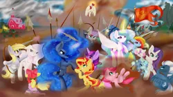 Size: 3309x1861 | Tagged: semi-grimdark, artist:lixthefork, derpibooru import, apple bloom, applejack, derpy hooves, diamond tiara, fleur-de-lis, fluttershy, maud pie, night glider, petunia paleo, pinkie pie, princess celestia, princess luna, rainbow dash, rarity, sonata dusk, sunset shimmer, sweetie belle, twilight sparkle, oc, oc:fausticorn, ponified, alicorn, pony, battle of grunwald, blood, fight, fine art parody, flag, jan matejko, mane six, pinkamena diane pie, polish, spear, sweet apple acres, sword, war, weapon