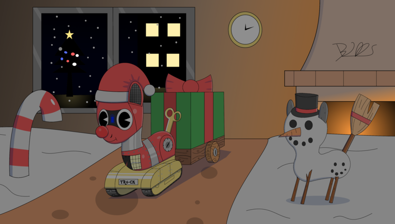 Size: 3507x1992 | Tagged: safe, artist:trackheadtherobopony, derpibooru import, oc, oc:trackhead, unofficial characters only, pony, robot, robot pony, candy, candy cane, christmas, christmas tree, clock, fireplace, food, holiday, lights, snow, snowpony, solo, toy, tree, wind up key