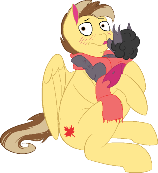 Size: 3110x3410 | Tagged: safe, artist:dadio46, derpibooru import, oc, oc:dazzling flash, oc:maple syrup, unofficial characters only, changeling, pegasus, pony, blushing, changeling oc, clothes, couple, cutie mark, duo, embarrassed, female, licking, male, mapling, oc x oc, purple changeling, scarf, shipping, size difference, straight, tongue out, two color hair, two colour hair