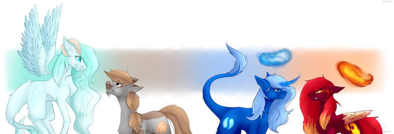 Size: 5999x2042 | Tagged: safe, artist:lastaimin, derpibooru import, oc, ponified, unofficial characters only, air elemental, earth elemental, elemental, fire elemental, pegasus, pony, unicorn, water elemental, air, earth, element, fire, floating wings, high res, horns, leonine tail, ram horns, simple background, transparent background, water