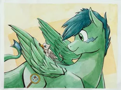 Size: 1663x1234 | Tagged: source needed, safe, artist:thekuto, derpibooru import, oc, oc:der, oc:zuthal, unofficial characters only, gryphon, monster pony, original species, tatzlpony, behaving like a bird, birds doing bird things, duo, male, micro, preening