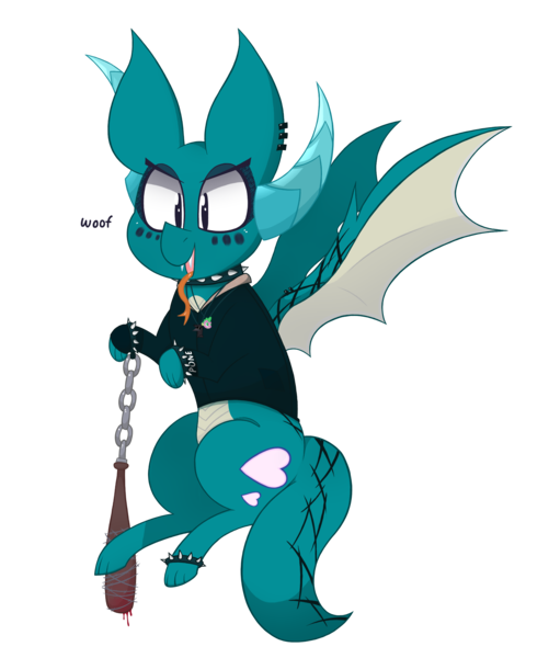 Size: 2088x2502 | Tagged: semi-grimdark, artist:dragonpone, derpibooru import, spike, oc, oc:puppy love, dracony, dragon, hybrid, barbed wire, baseball bat, blood, chains, choker, clothes, dialogue, ear piercing, emo, eyeshadow, fangs, flying, forked tongue, horns, jacket, jewelry, long tongue, lucille, makeup, male, necklace, open mouth, piercing, simple background, smiling, solo, spiked choker, spiked wristband, spread wings, tattoo, tongue out, transparent background, wing piercing, wings, woof, wristband