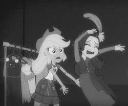 Size: 432x358 | Tagged: safe, derpibooru import, screencap, applejack, rarity, equestria girls, equestria girls series, rarity investigates: the case of the bedazzled boot, animated, applejack is not amused, catching, clothes, drama queen, duo, female, grayscale, hat, marshmelodrama, monochrome, rarity investigates (eqg): applejack, unamused