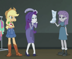 Size: 419x344 | Tagged: safe, derpibooru import, screencap, applejack, maud pie, rarity, equestria girls, equestria girls series, rarity investigates: the case of the bedazzled boot, animated, boot, boots, clothes, cowboy hat, denim skirt, dress, hat, high heels, marshmelodrama, out of context, rarity investigates (eqg): applejack, satisfied, shoes, skirt, stetson