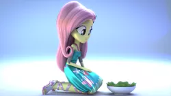 Size: 3840x2160 | Tagged: safe, artist:efk-san, derpibooru import, fluttershy, equestria girls, equestria girls series, 3d, bowl, clothes, female, food, kneeling, salad, sandals