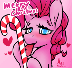 Size: 630x592 | Tagged: suggestive, artist:loneless-art, derpibooru import, pinkie pie, pony, animated, bust, candy, candy cane, chest fluff, christmas, female, food, heart, holiday, licking, looking at you, mare, merry christmas, mlem, silly, solo, suggestive eating, tongue out