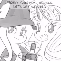 Size: 500x500 | Tagged: safe, artist:reiduran, derpibooru import, starlight glimmer, trixie, pony, unicorn, totally legit recap, alcohol, bust, cape, christmas, clothes, dialogue, female, glowing horn, grayscale, hat, holiday, magic, mare, monochrome, open mouth, smiling, telekinesis, trixie's cape, trixie's hat, vulgar
