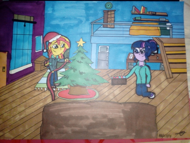 Size: 4160x3120 | Tagged: safe, artist:olgasot12, derpibooru import, sci-twi, sunset shimmer, twilight sparkle, equestria girls, christmas, christmas tree, female, hat, holiday, hug, lesbian, santa hat, scitwishimmer, shipping, sunset's apartment, sunsetsparkle, traditional art, tree