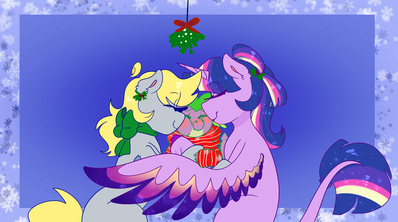 Size: 4024x2250 | Tagged: safe, artist:cubbybatdoodles, derpibooru import, derpy hooves, spike, twilight sparkle, twilight sparkle (alicorn), alicorn, dragon, pegasus, pony, eyes closed, female, leonine tail, lesbian, lesbian in front of boys, male, mare, mistletoe, shipping, smiling, spikelove, spread wings, trio, twerpy, wings