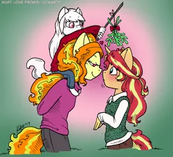 Size: 1000x911 | Tagged: safe, artist:kaemantis, derpibooru import, adagio dazzle, sunset shimmer, oc, oc:snowshine, anthro, adopted offspring, arm behind back, blushing, christmas, clothes, female, hands behind back, holiday, image, jpeg, just kiss already, lesbian, lidded eyes, looking at each other, mistletoe, parent:adagio dazzle, parents:sunsagio, parent:sunset shimmer, shipper on deck, shipping, smiling, stick, sunsagio