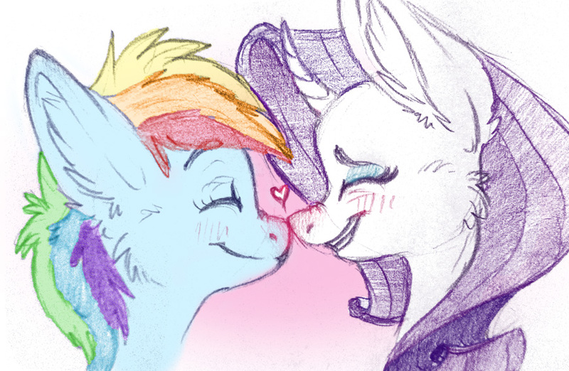 Size: 871x568 | Tagged: safe, artist:rainbowtail, color edit, derpibooru import, edit, rainbow dash, rarity, pegasus, pony, unicorn, blushing, colored, colored pencil drawing, duo, eyes closed, female, gradient background, heart, lesbian, mare, nuzzling, raridash, shipping, simple background, traditional art