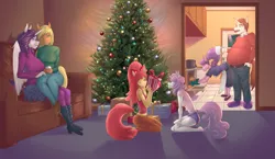 Size: 1500x868 | Tagged: safe, artist:bakuhaku, derpibooru import, apple bloom, applejack, cookie crumbles, hondo flanks, rarity, sweetie belle, alicorn, anthro, plantigrade anthro, alicornified, apple bloom's bow, boots, bow, christmas, christmas lights, christmas tree, clothes, coffee mug, cooking, female, hair bow, holiday, jeans, lesbian, mug, pants, ponies eating meat, present, race swap, raricorn, rarijack, shipping, shoes, slippers, sweater, tree