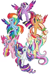 Size: 1333x2000 | Tagged: safe, artist:aiyanmanno, derpibooru import, applejack, fluttershy, pinkie pie, rainbow dash, rarity, twilight sparkle, twilight sparkle (alicorn), alicorn, pony, alicornified, applecorn, fluttercorn, mane six alicorns, pinkiecorn, race swap, rainbow power, rainbowcorn, raricorn, simple background, white background, xk-class end-of-the-world scenario